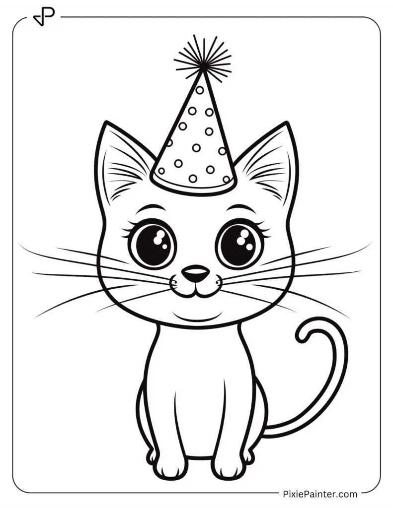 Happy New Year Coloring Page Where Cartoon Cat In A Party Hat