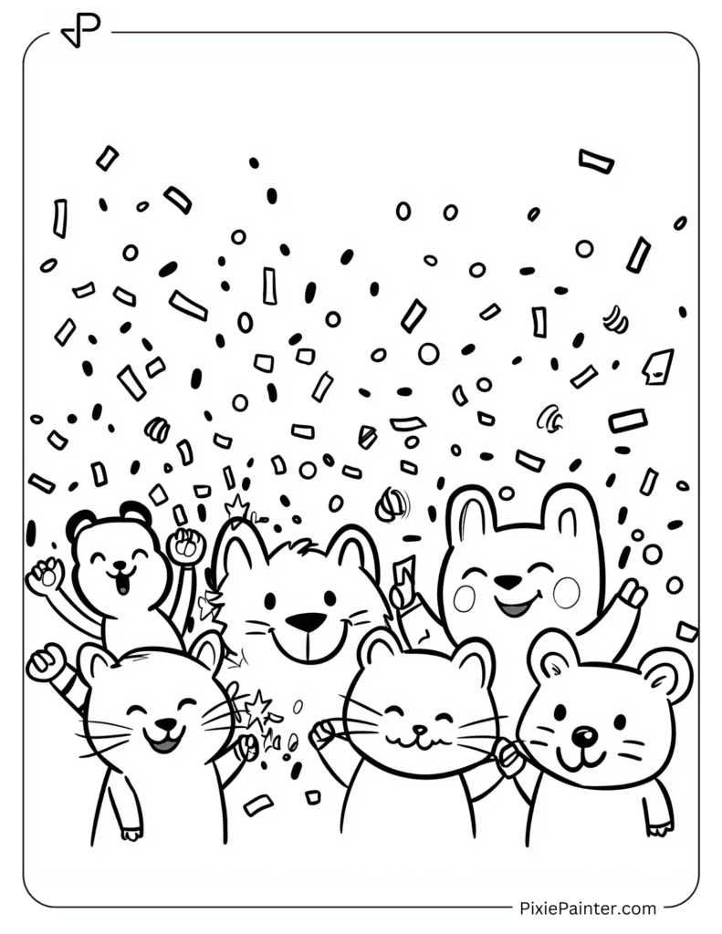 Happy New Year Coloring Page Where Smiling Animals With Confetti