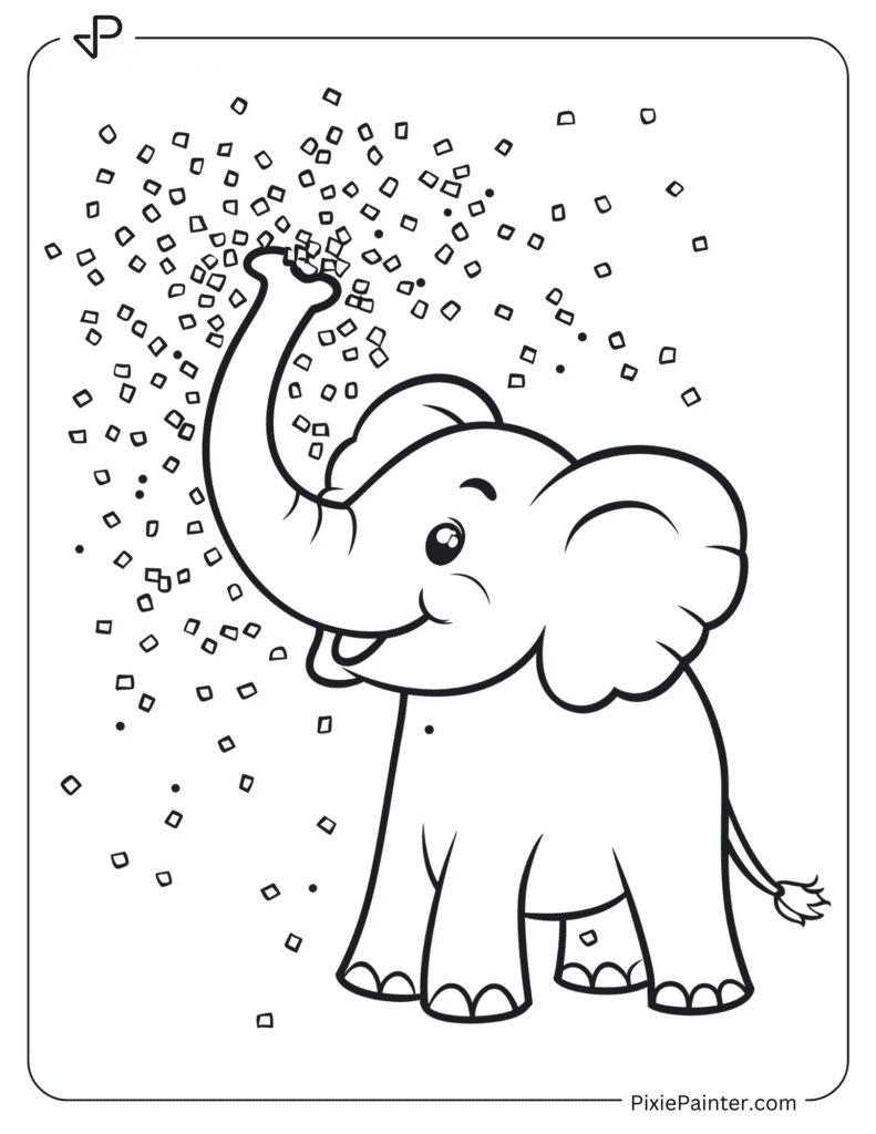 Happy New Year Coloring Page Where Elephant Spraying Confetti