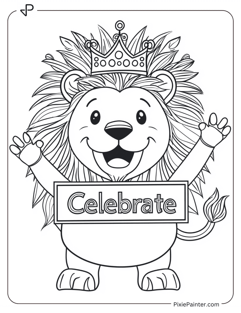 Happy New Year Coloring Page Where Lion With Crown And “Celebrate” Sign