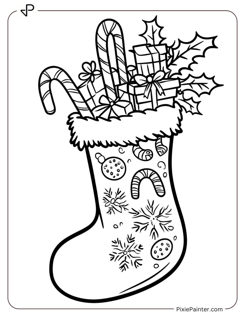 Christmas Coloring Page For Kids - Stocking With Candy Canes And Gifts