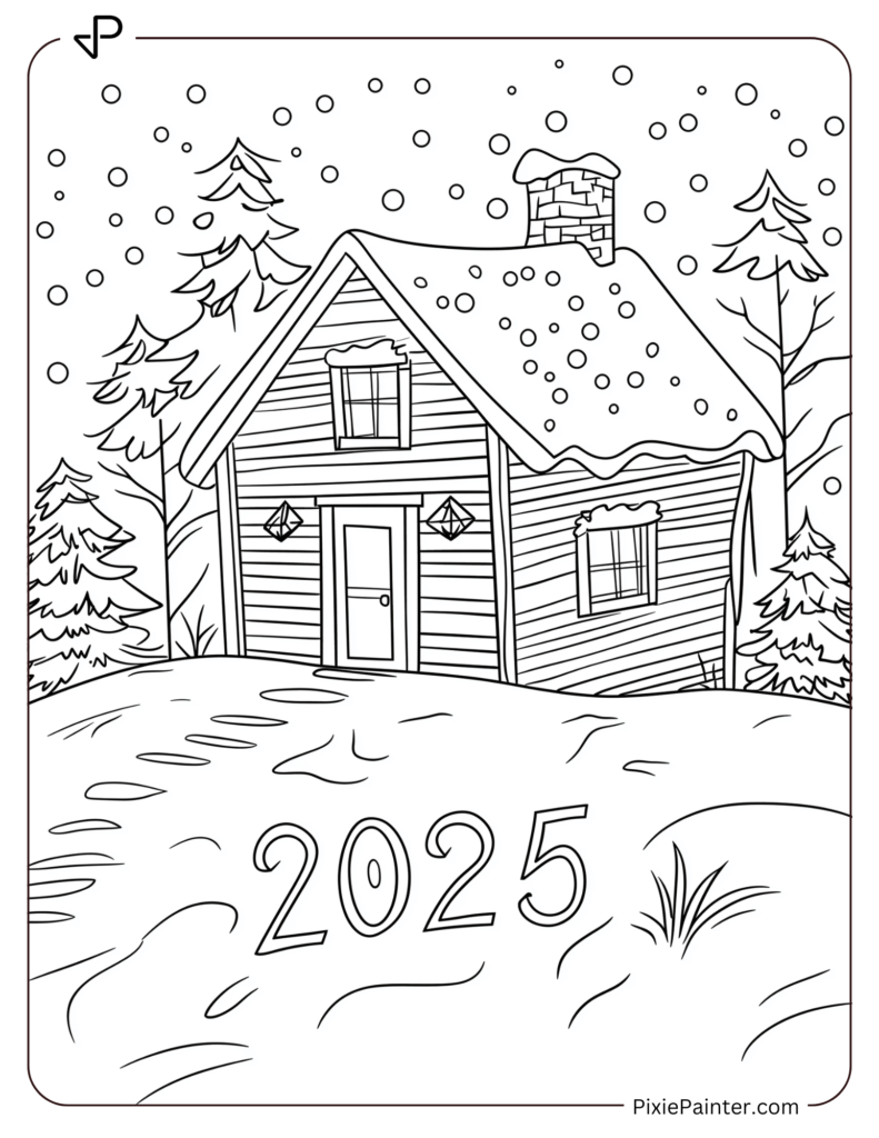 Coloring Page of A Cozy Cabin With _2025_ Etched in the Snow Nearby