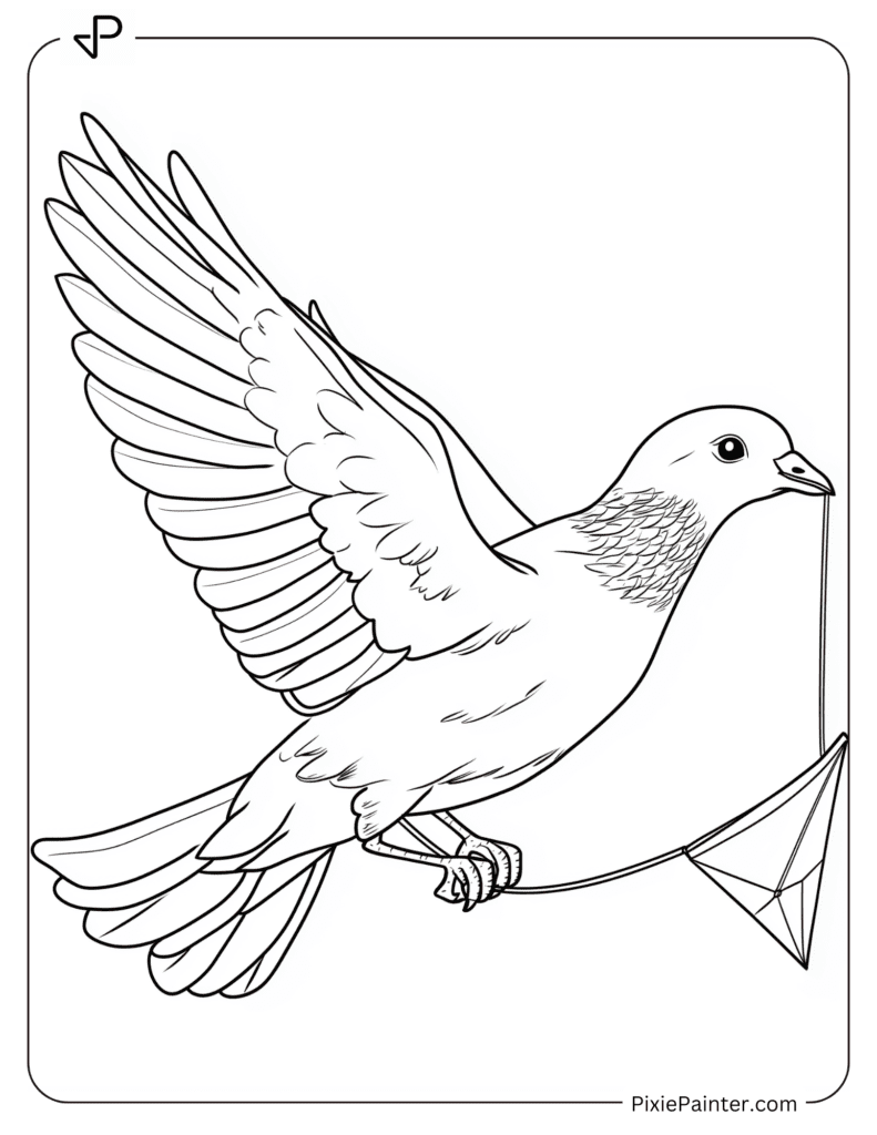 A pigeon flying with a kite string in its beak