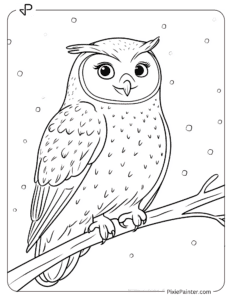 A smiling owl perched on a snowy branch