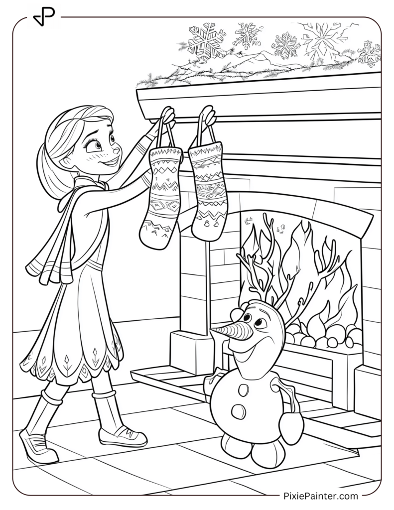 Disney Princess Anna hanging stockings over a snowy fireplace with Kristoff and Olaf