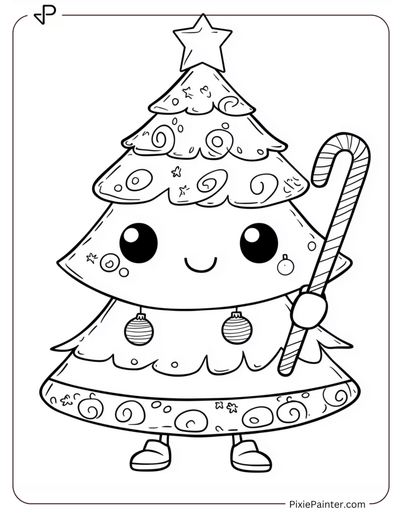 5. Christmas Tree Holding Candy Cane Coloring Pages