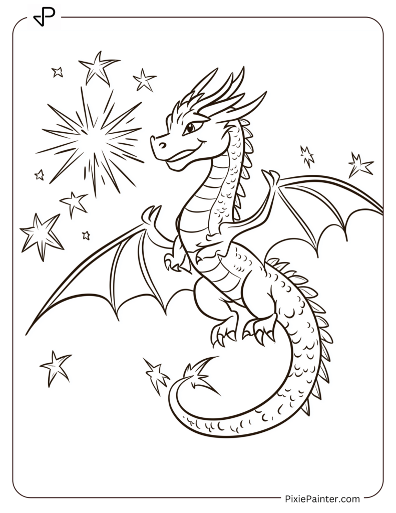 New Year Coloring Pages For Kids Where Dragon Blowing Colorful Sparks Shaped Like Stars.