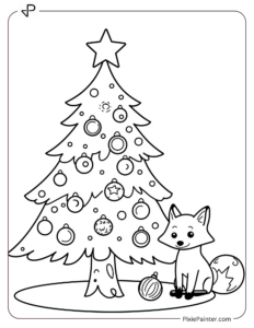 Small Christmas Tree Coloring Page | Fox Sitting Beside a Cute Tree With Baubles and a Star