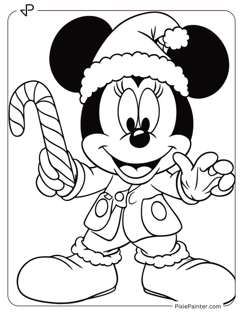 Mickey Mouse wearing a Santa hat and holding a candy cane.flying in the sky with clouds