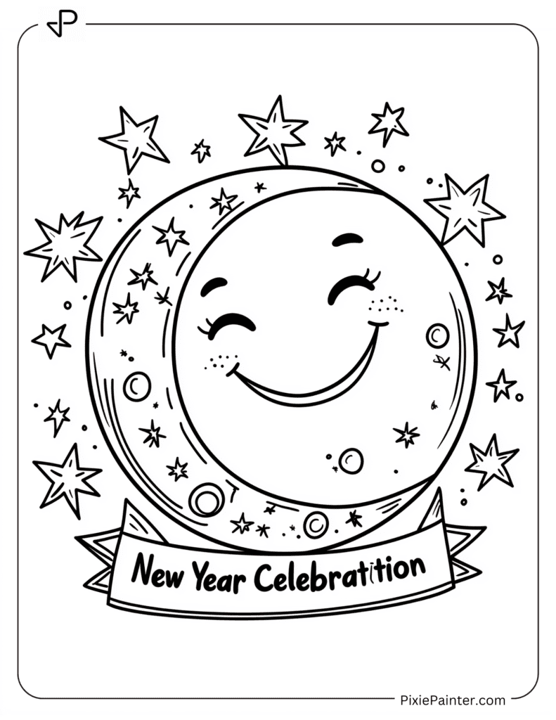 Happy New Year Coloring Page - Smiling Moon With New Year Celebration Banner