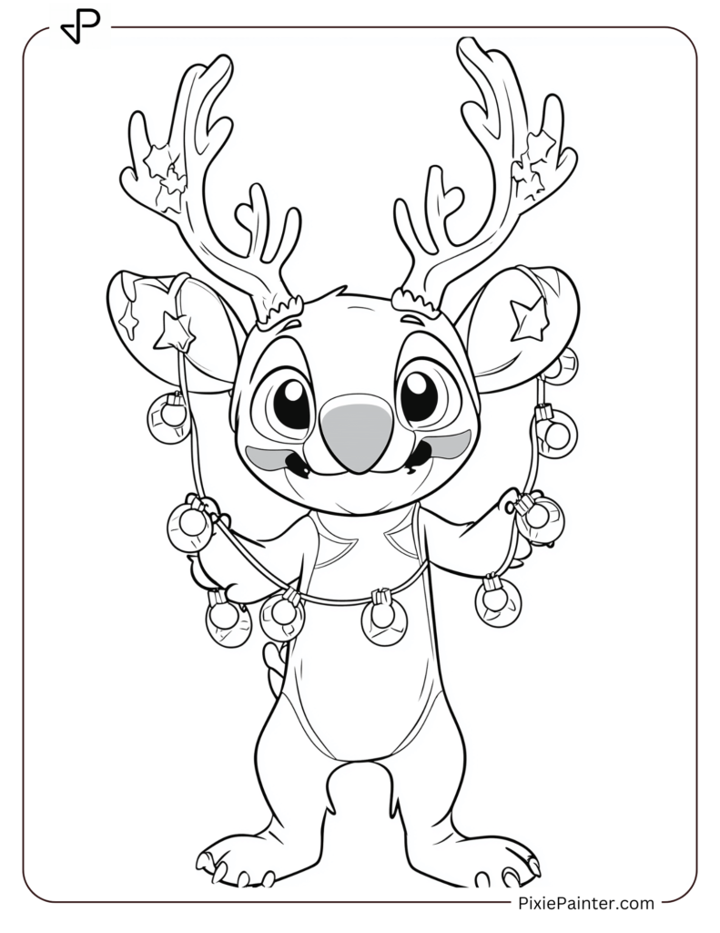 5. Stitch Wearing Lights on Antler Coloring Pages