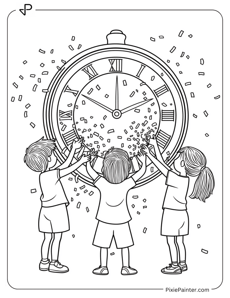 Happy New Year Coloring Page Where Kids Throwing Confetti At Midnight