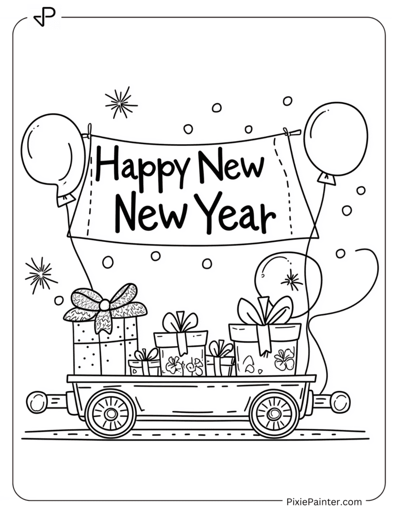 Coloring Page Where Toy Train With Presents And "Happy New Year" Banner