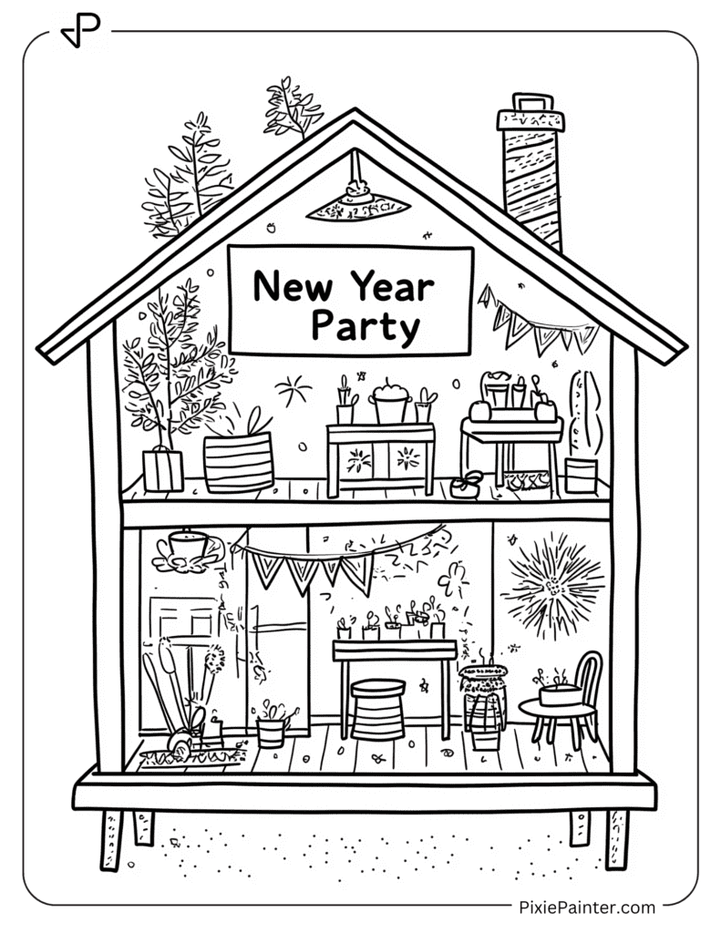 Coloring Page Where Dollhouse With New Year Party Sign