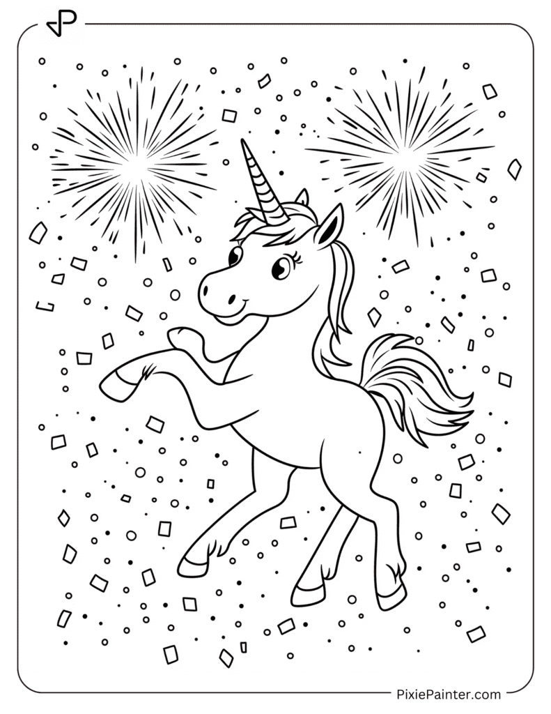 Happy New Year Coloring Page Where Unicorn Dancing Under Fireworks And Confetti