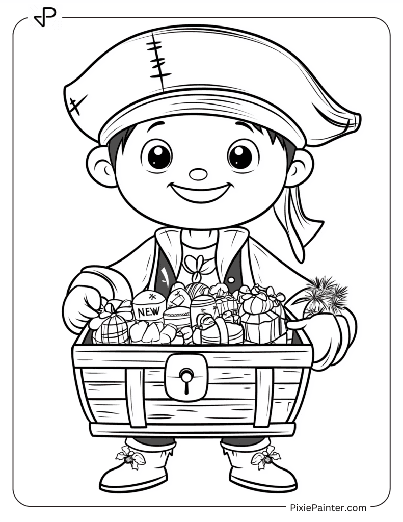 Happy New Year Coloring Page Where Pirate With Treasure Chest Of New Year Treats