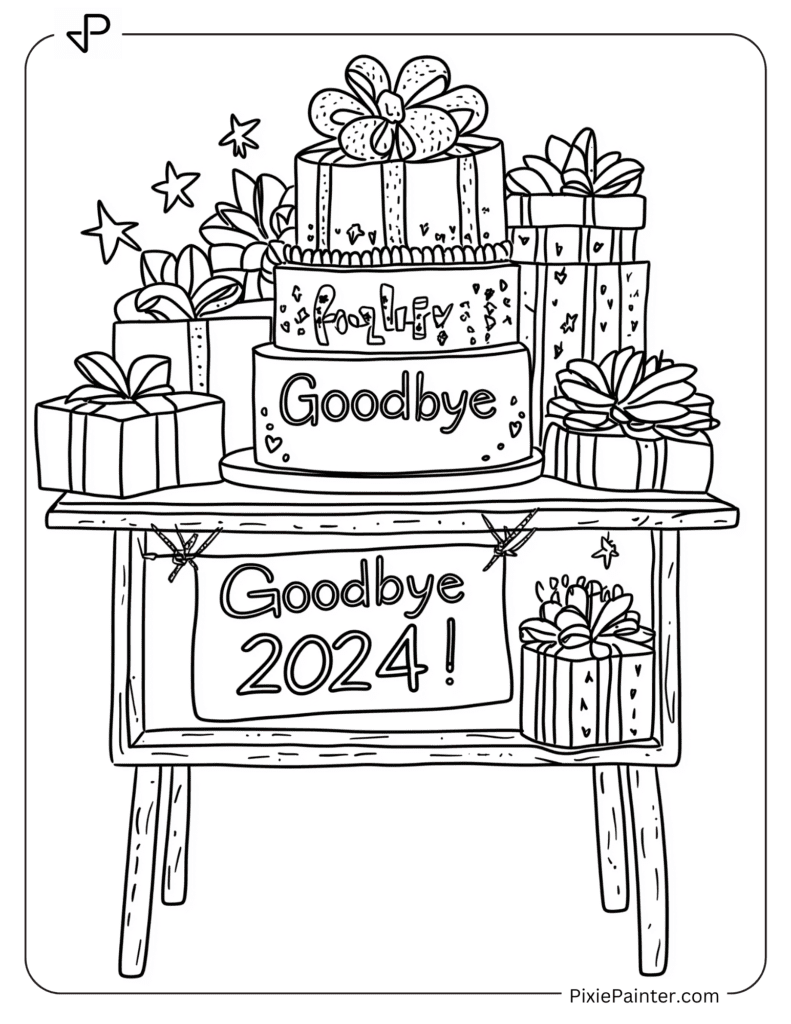 Happy New Year Coloring Page Where Table Of Presents And “Goodbye 2024!” Cake