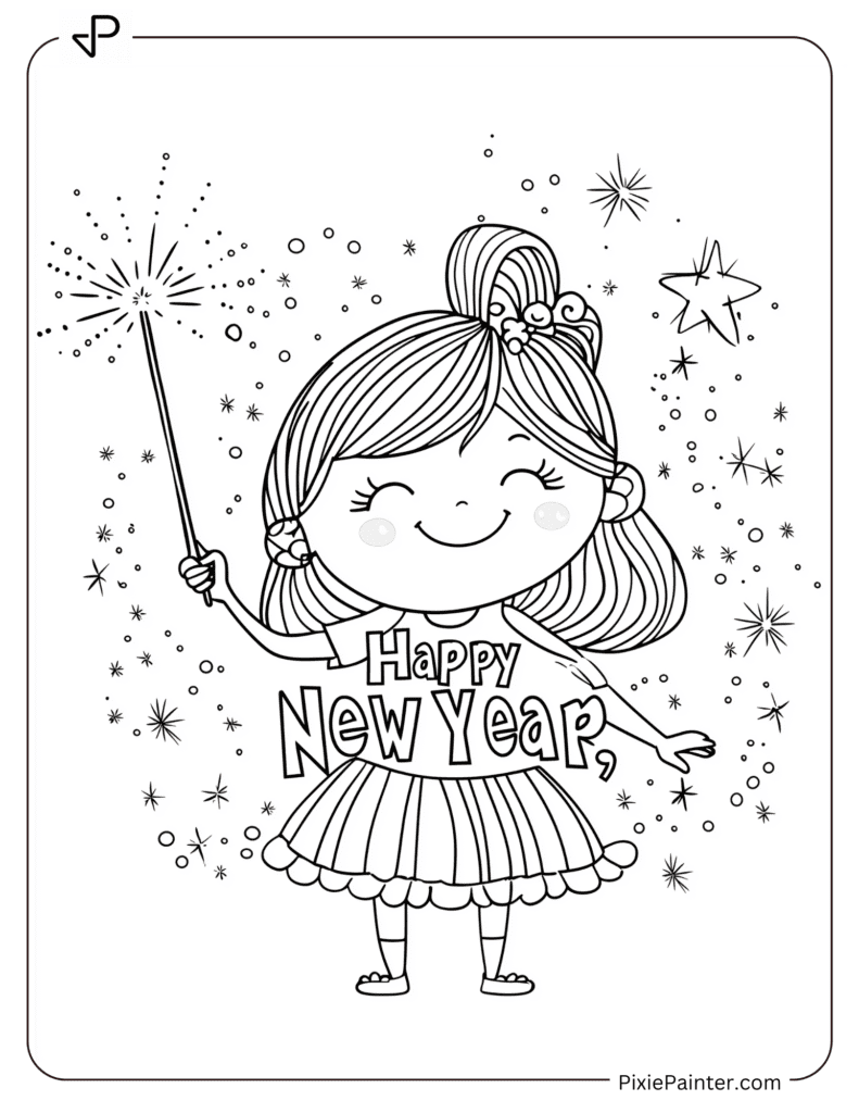 Coloring Page Where Princess Waving Wand Forming Happy New Year