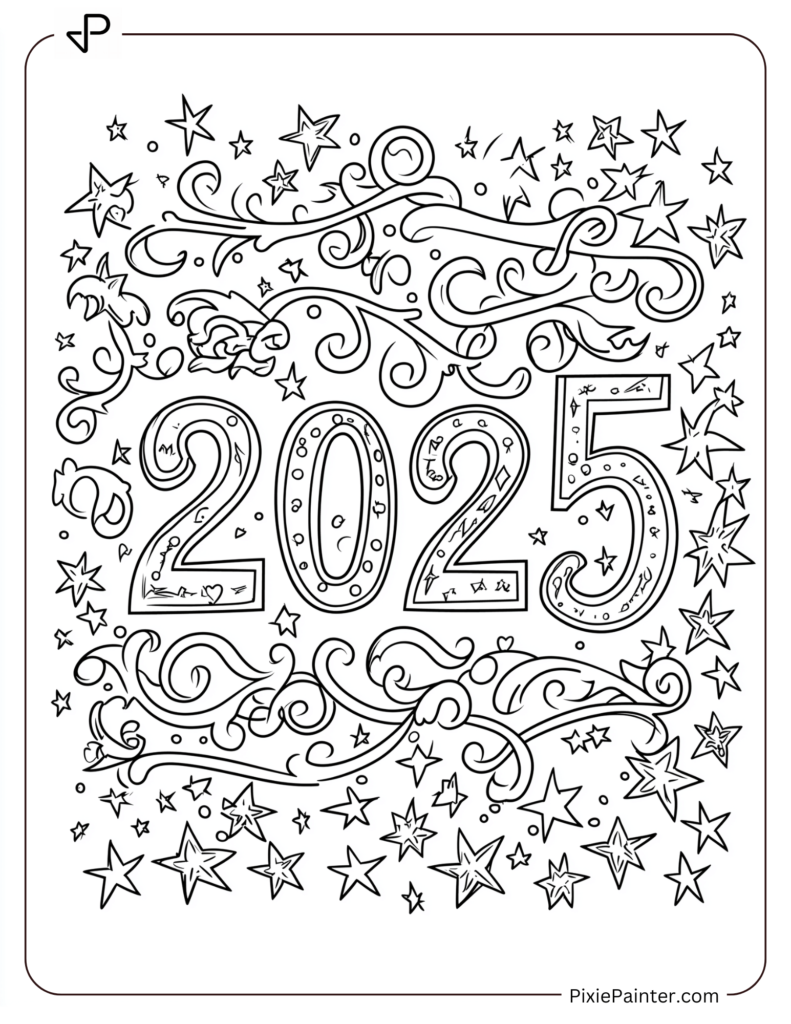 Coloring Page of A Decorative _2025_ Surrounded by Stars