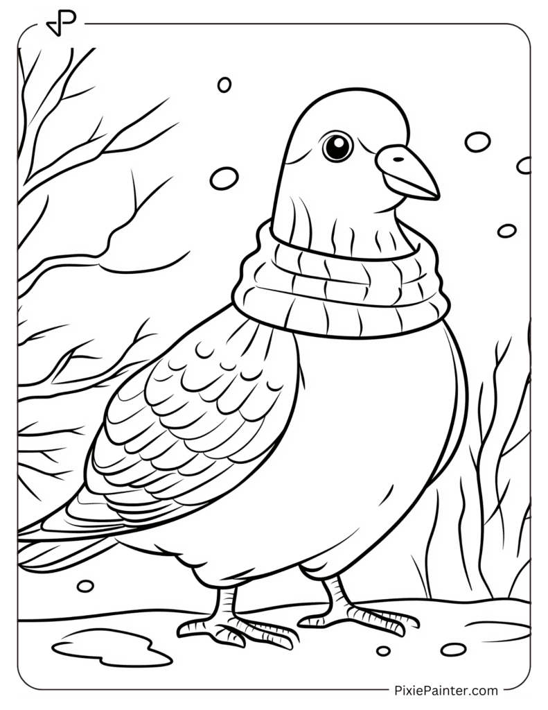 A pigeon wearing a scarf and standing in the snow