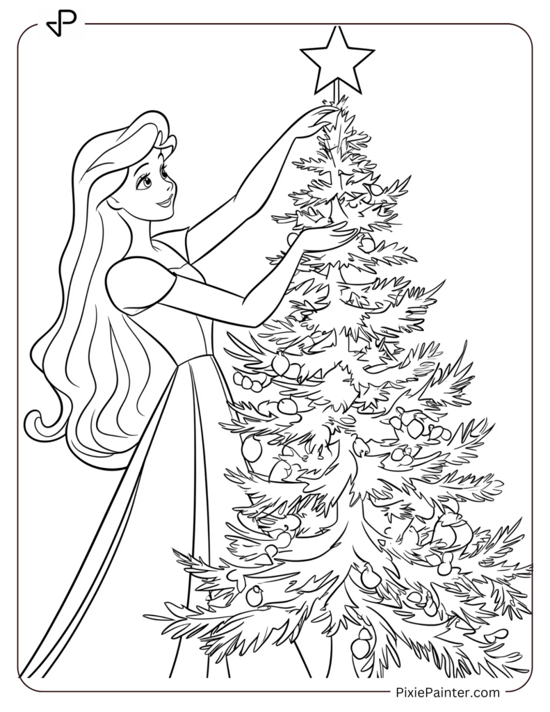 Disney Princess Aurora placing a star on top of a magical forest Christmas tree