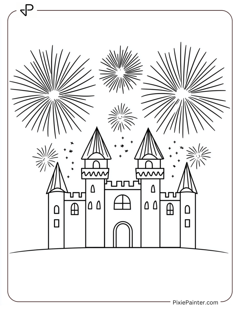 New Year Coloring Pages For Kids - Castle With Simple Fireworks And "Happy New Year."