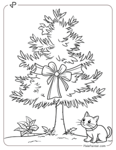 Small Christmas Tree Coloring Page | Cat Playing Around a Tree With Just a Ribbon