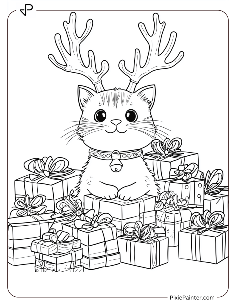 6. Cute Cat With Antlers Sitting With Gifts