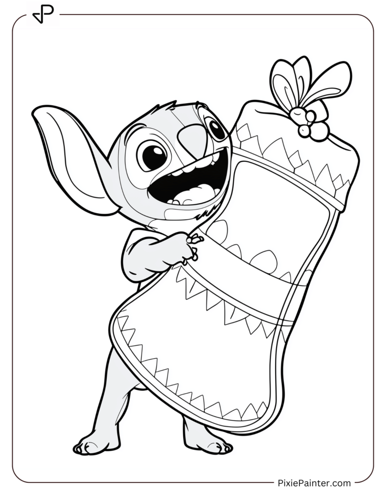 6. Cute Stitch with Big Stocking Coloring Pages