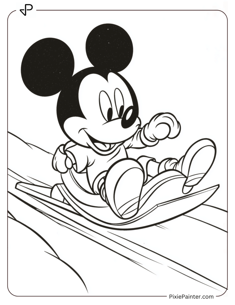 Mickey Mouse sledding down a snowy hill.flying in the sky with clouds