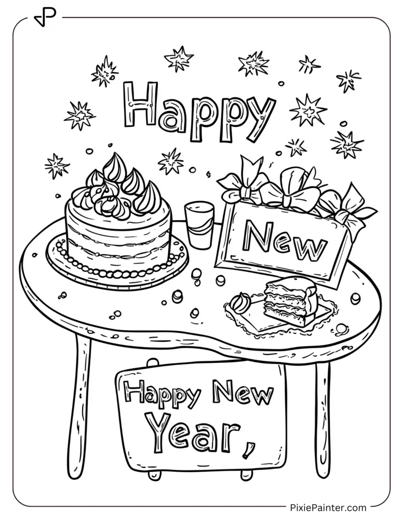 Happy New Year Coloring Page - Table With A Cake And Happy New Year Sign