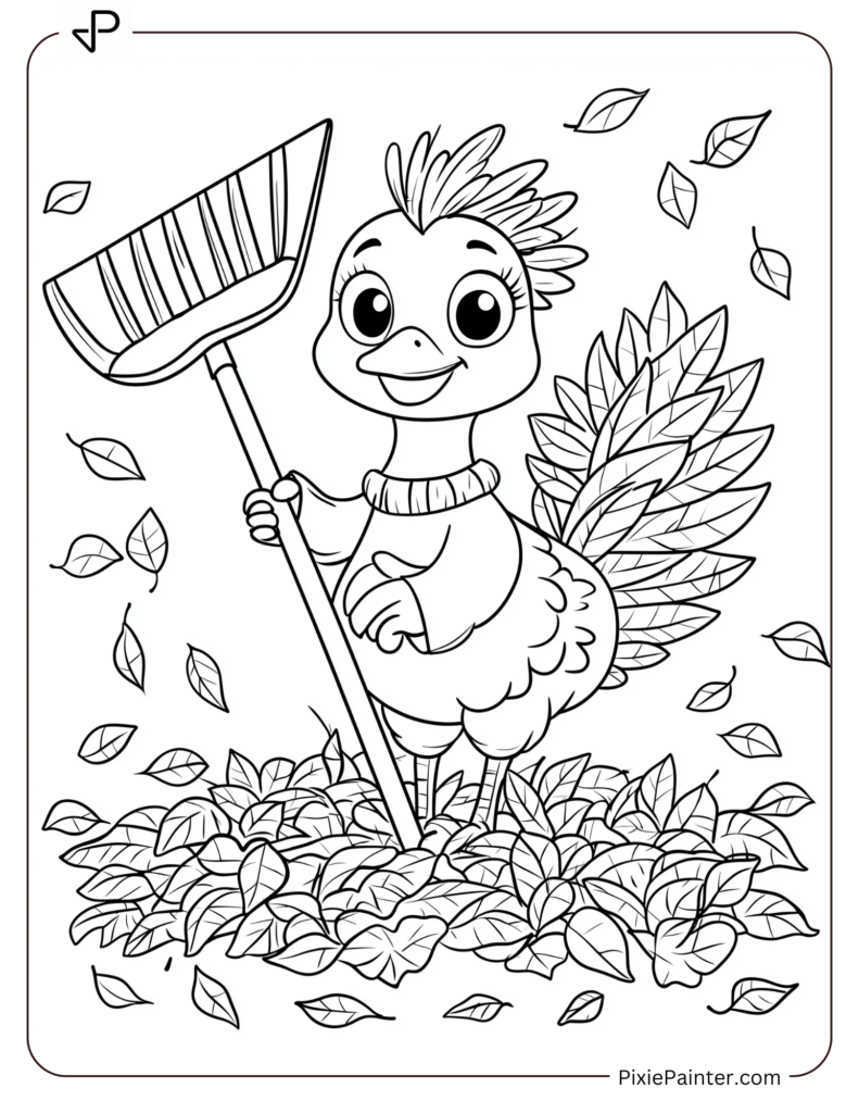 6. Turkey Raking Autumn Leaves Coloring Pages