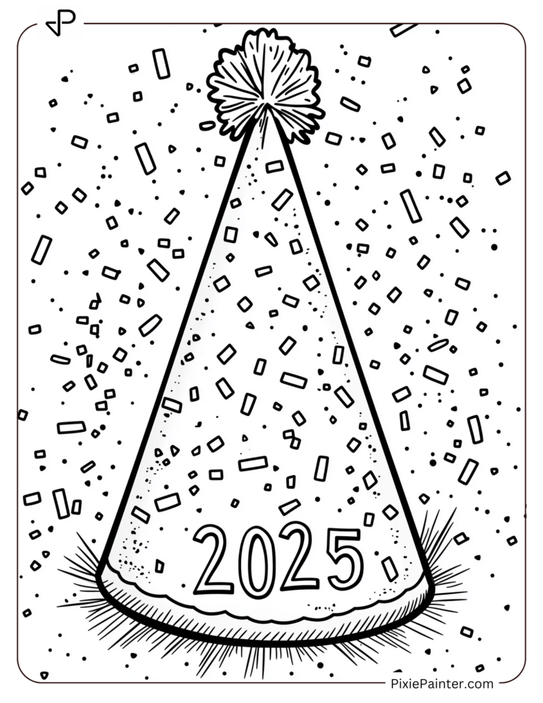 Coloring Page of A Simple Party Hat With _2025_ on the Side