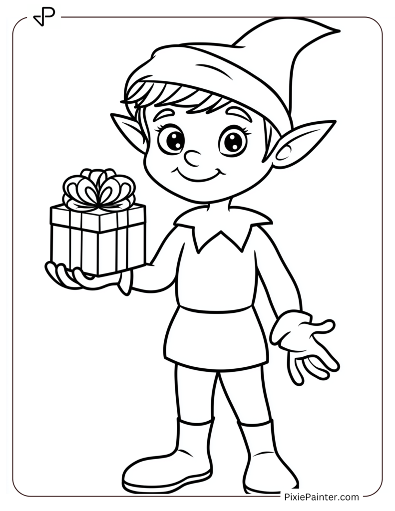 A cartoon elf holding a stack of wrapped gifts