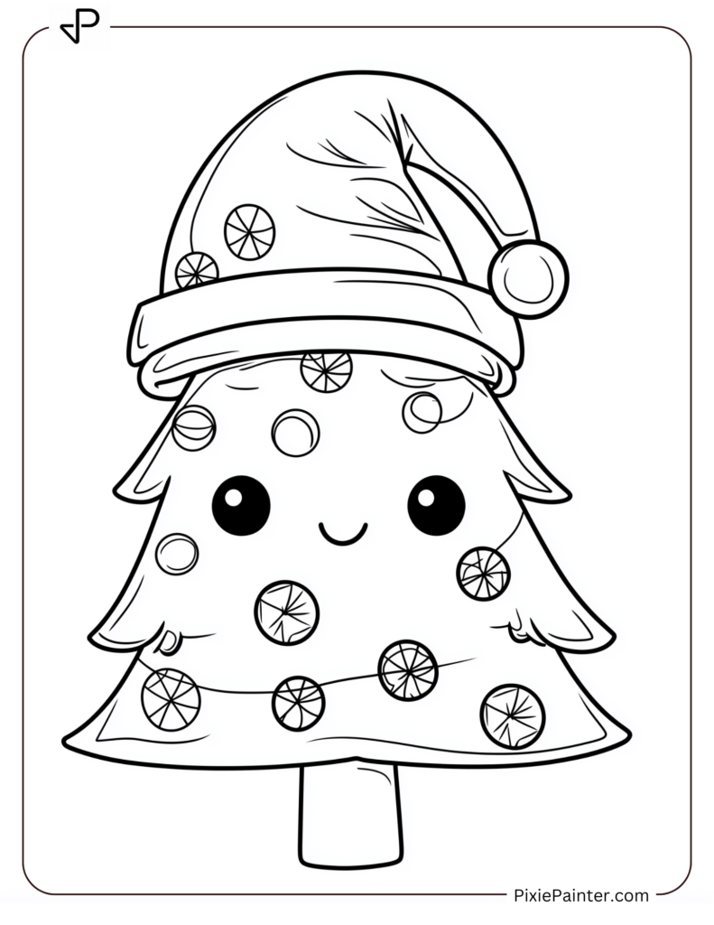 7. Christmas Tree In Santa Hat Coloring Pages