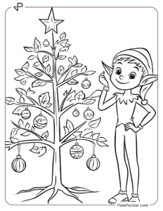 Small Christmas Tree Coloring Page | Friendly Elf Leaning Against a Little Tree With Ornaments