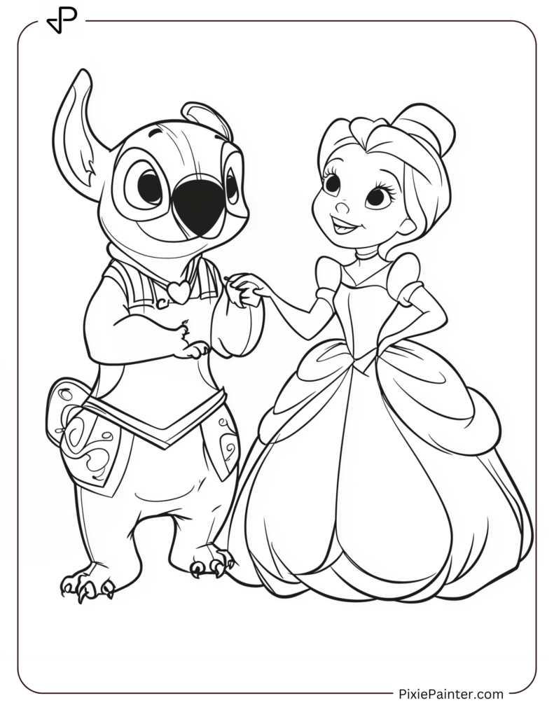 7. Happy Stitch with Beautiful Cinderella Coloring Pages