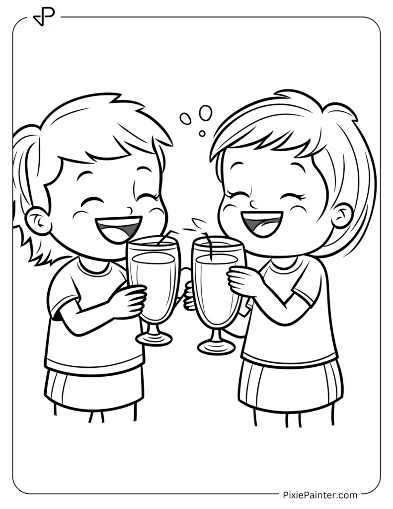 Happy New Year Coloring Page - Kids Clinking Juice Glasses And Laughing