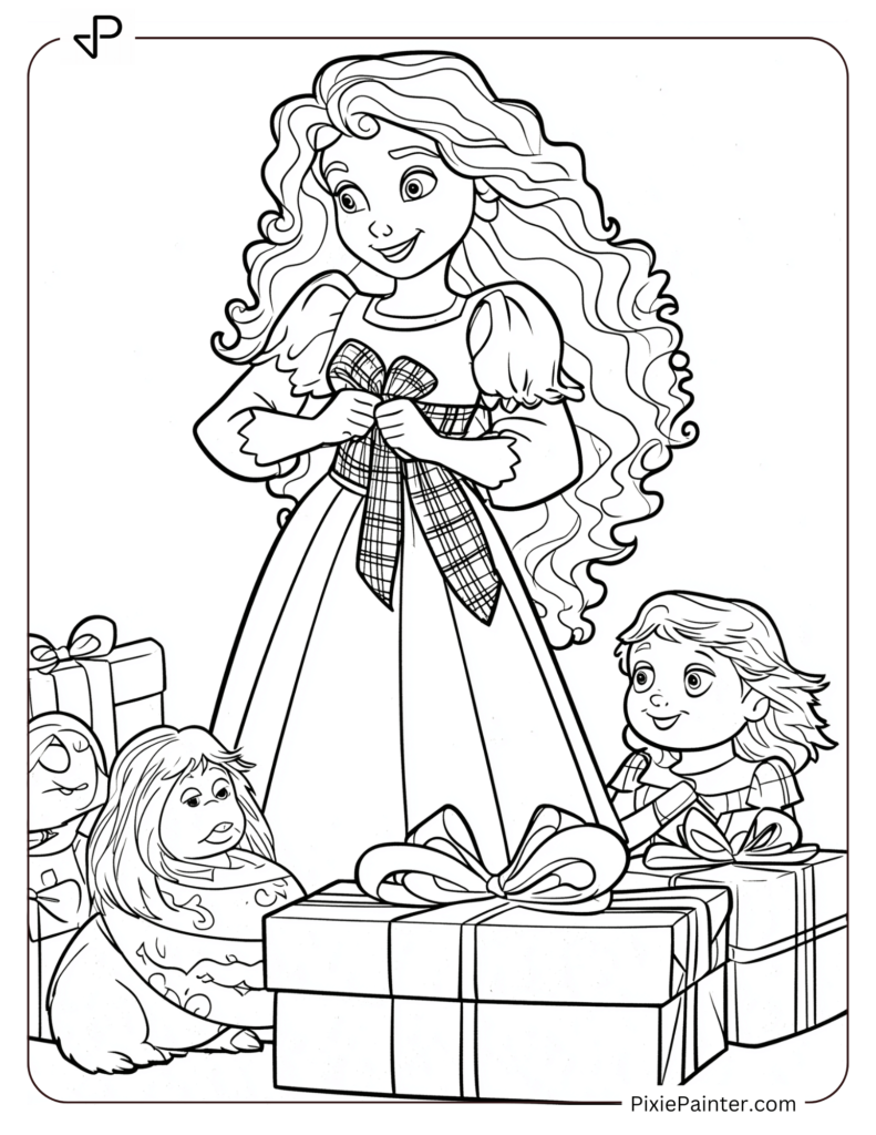 Disney Princess Merida tying tartan ribbons on Christmas presents for her family