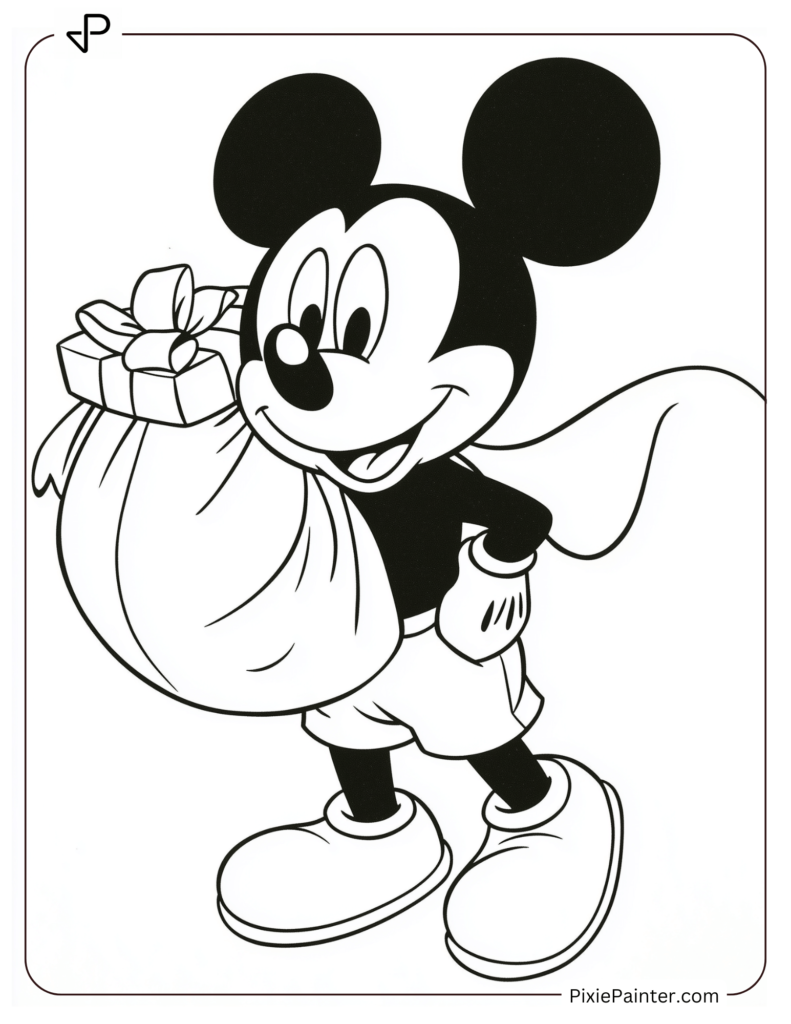 Mickey Mouse carrying a sack of presents over his shoulder.flying in the sky with clouds