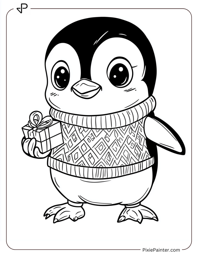 7. Penguin In Sweater Holding A Gift