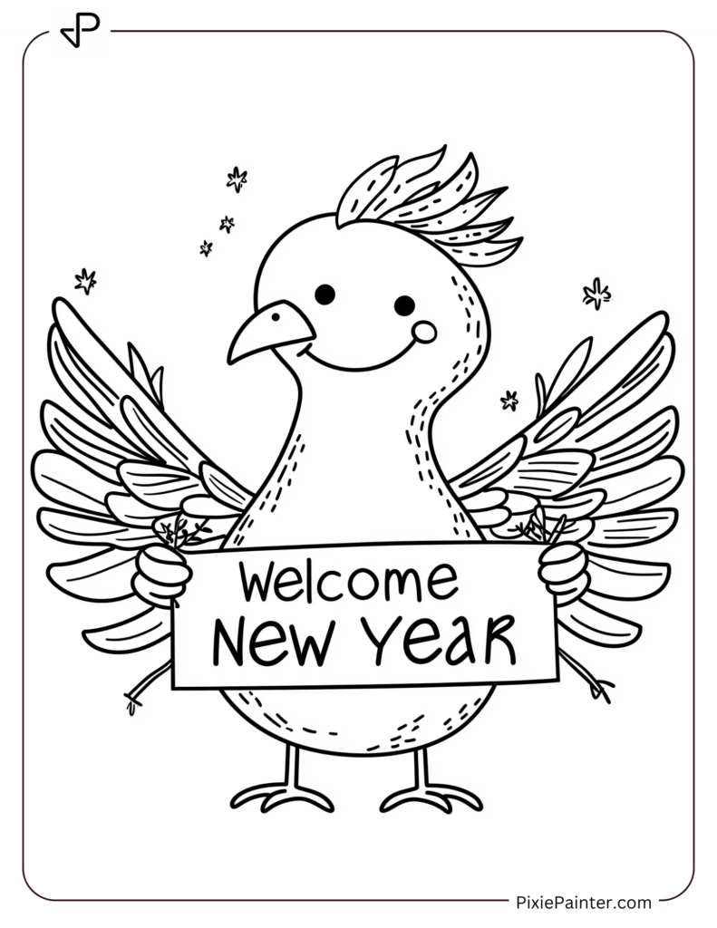 New Year Coloring Pages For Kids Where Smiling Phoenix Holding A "Welcome New Year" Banner.