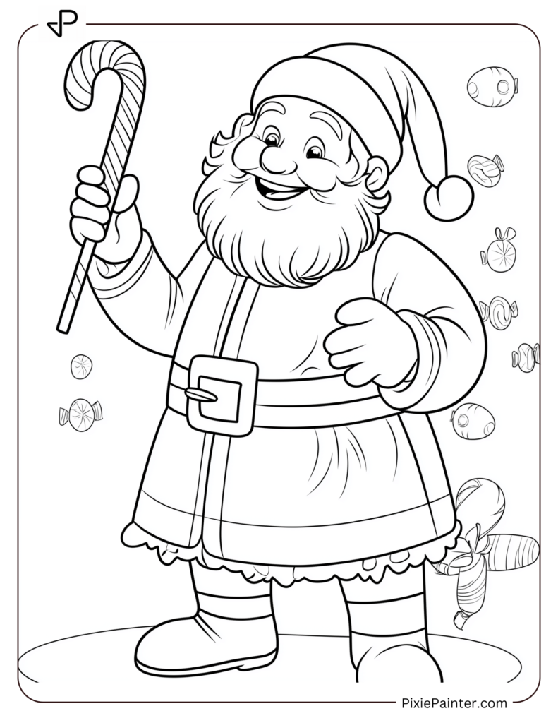 Christmas Coloring Page For Kids - Santa Holding Candy Cane Smiling