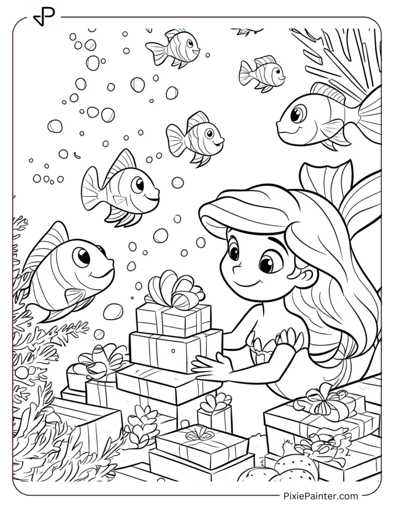 Disney Princess Ariel giving Christmas gifts to her fish friends under the sea