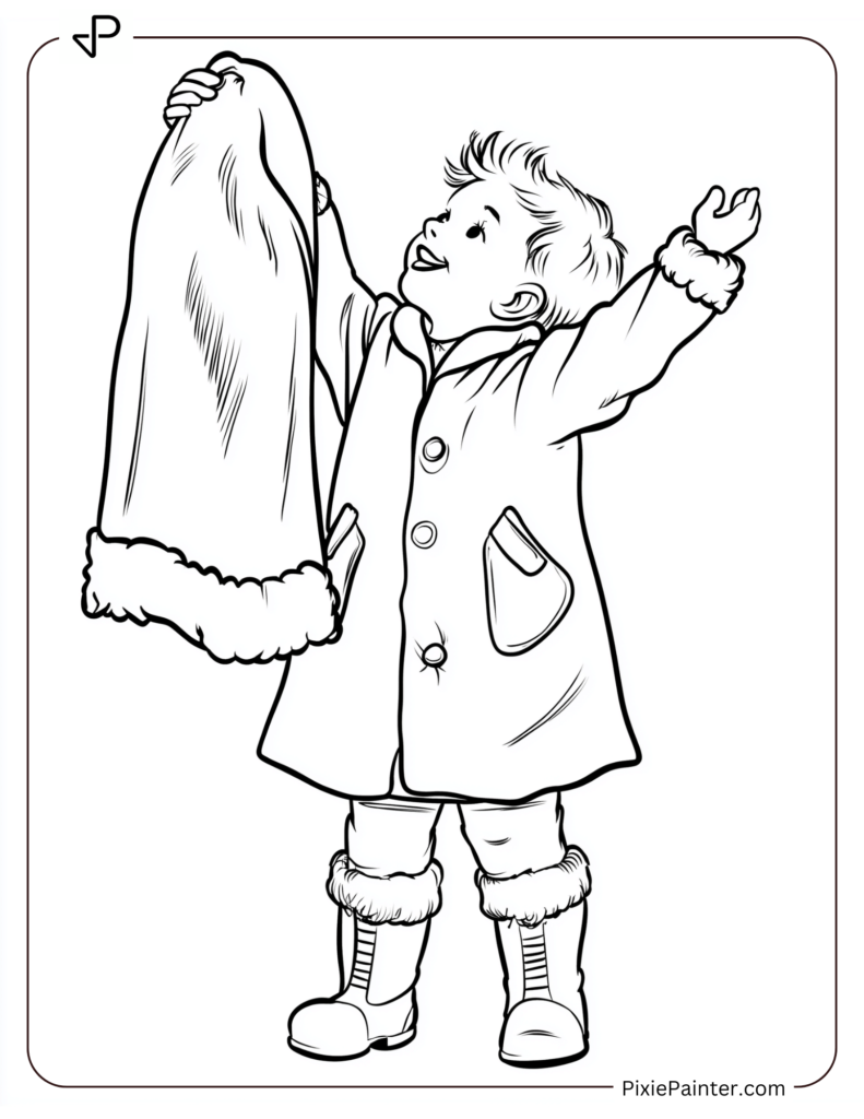 Child holding a large Santa coat with boots