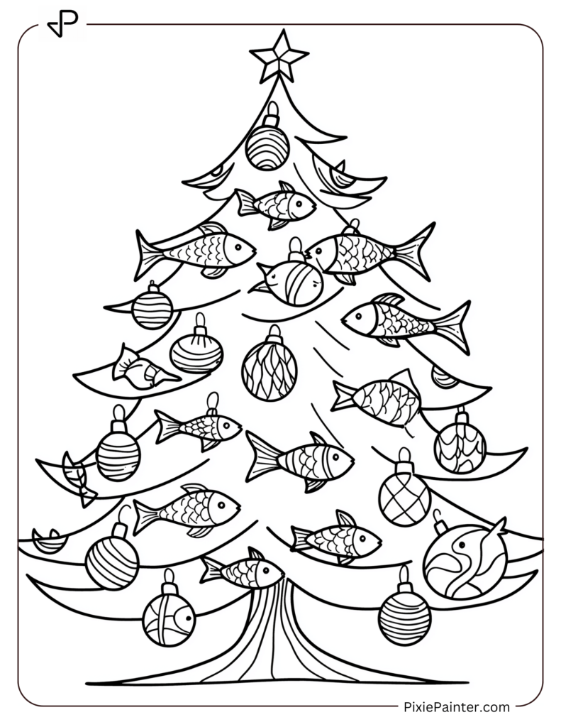 Christmas tree with bird and fish ornaments flying in the sky with clouds