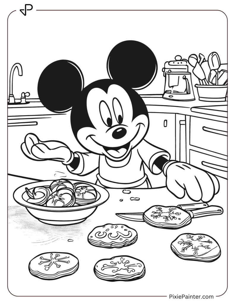 Mickey Mouse baking Christmas cookies in the kitchen.flying in the sky with clouds