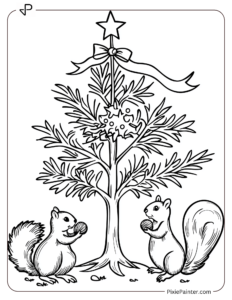 Small Christmas Tree Coloring Page | Squirrel Holding a Nut by a Tree With Ribbon and a Star