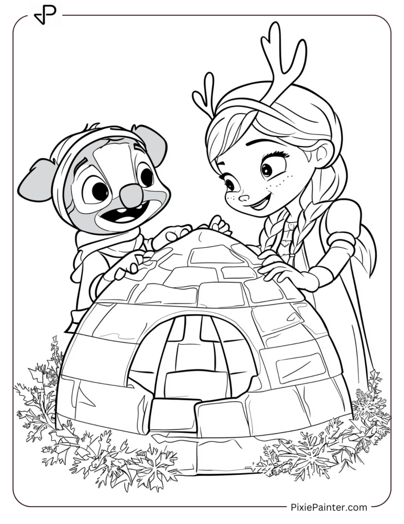 8. Stitch And Anna Building A Snowy Igloo Coloring Pages