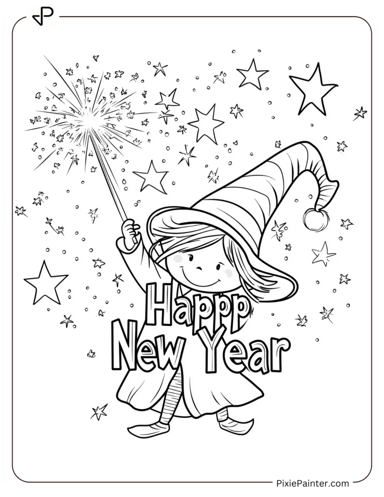 New Year Coloring Pages For Kids Where Wizard Casting A Sparkling "Happy New Year" Spell.